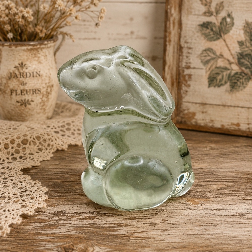 Vintage Pale Green Solid Glass Rabbit Figurine Bunny Paperweight Art Glass